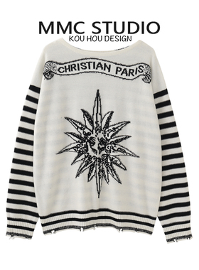 MMC 小众设计条纹袖星星提花宽松慵懒风轻奢休闲针织衫毛衣外套女