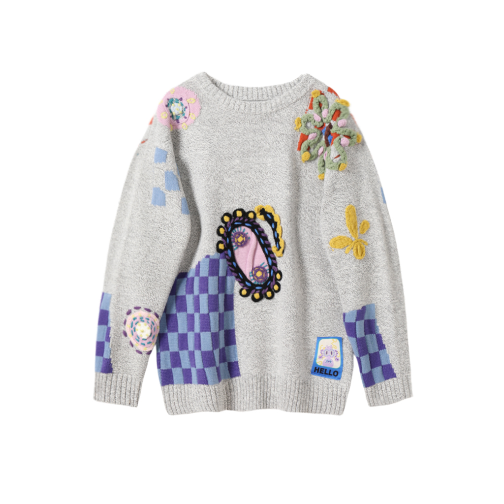 MMC欧货法式复古手工立体钩花拼色格子灰色针织衫毛衣外套上衣女