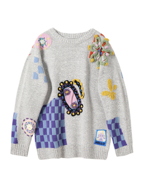 MMC欧货法式复古手工立体钩花拼色格子灰色针织衫毛衣外套上衣女