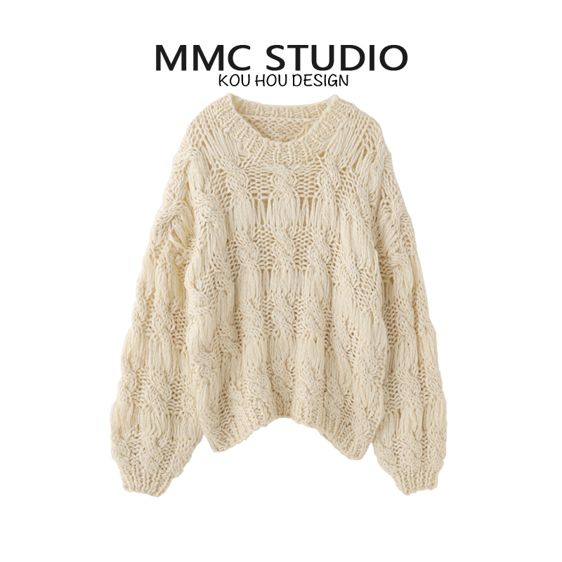 MMC 25秋冬新品设计感小众麻花拧结手工粗线镂空圆领针织毛衣女