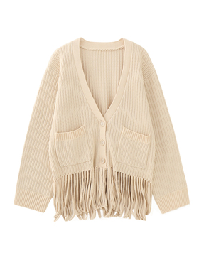 MMCS家2025秋冬新款女装法式慵懒风纯色流苏针织开衫外套毛衣上衣