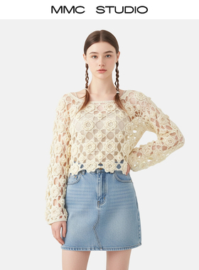 MMC重工手工编织立体钩花镂空长袖套头针织衫毛衣外套上衣小众女