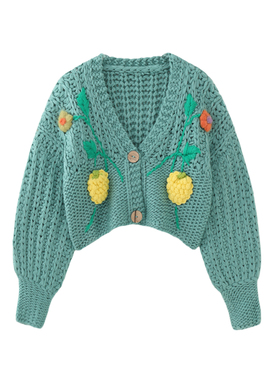 MMC重工全手工立体编织粗针棒什毛线花朵撞色V领绿色针织开衫外套