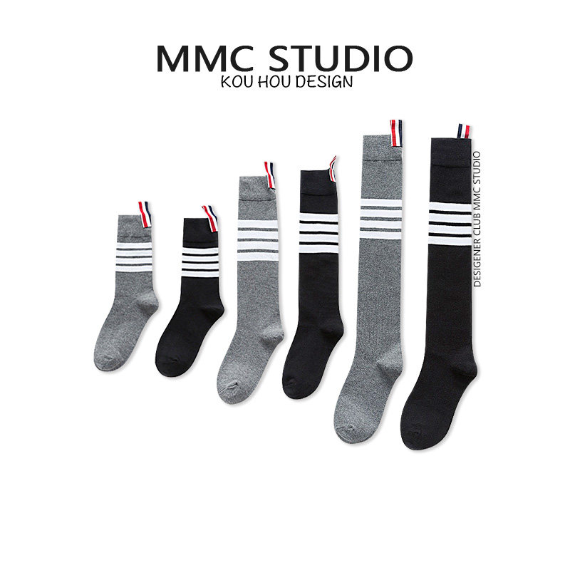 蔻后女棉四条杠中筒袜