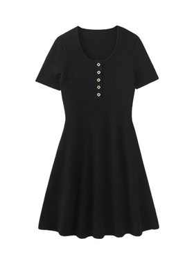 MMC欧货法式黑色短袖连衣裙圆领纽扣修身A字裙显瘦气质打底裙小众