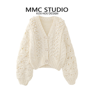 MMC 外套女 宽松慵懒风手工编织粗针棒针V领钉珠镂空加厚针织开衫