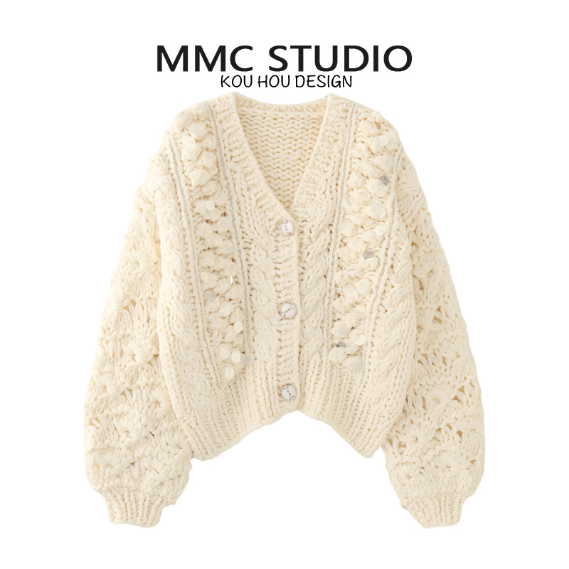 蔻后针织V领手工加厚开衫毛衣