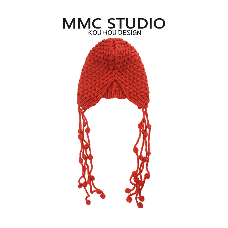 MMC 红色喜庆新年小众个性帽子时尚手工编织流苏护耳绑带球球2025,服饰配件/皮带/帽子/围巾,帽子,淘宝优惠券,粉丝福利购,淘宝优惠卷