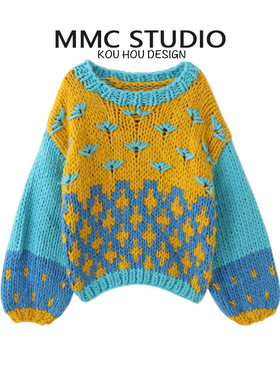 MMC 撞色慵懒风棒针粗线粗针全手工钩花针织衫设计感小众毛衣上衣