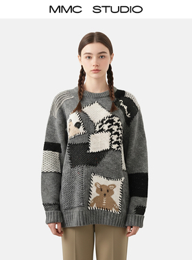 MMC宽松慵懒风明线拼接撞色卡通刺绣小熊针织衫毛衣外套上衣小众