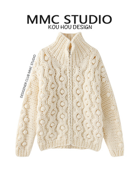 MMC 秋冬新款加厚麻花高领拉链开衫女慵懒风宽松百搭毛衣外套