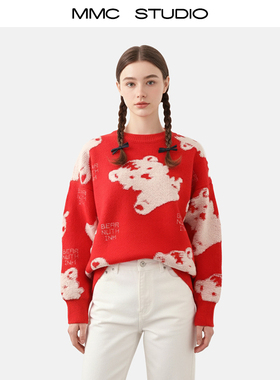 MMC 韩系chic减龄可爱卡通小熊毛衣女秋冬外穿慵懒风宽松圆领红色