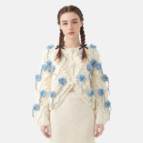 MMC宽松慵懒风重工手工编织粗针立体花朵针织开衫外套毛衣上衣女