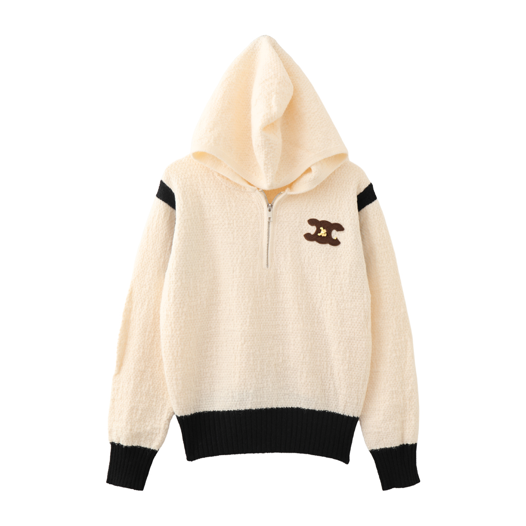 MMC欧货气质通勤甜美减龄半拉边撞色拼色针织衫连帽衫毛衣上衣女