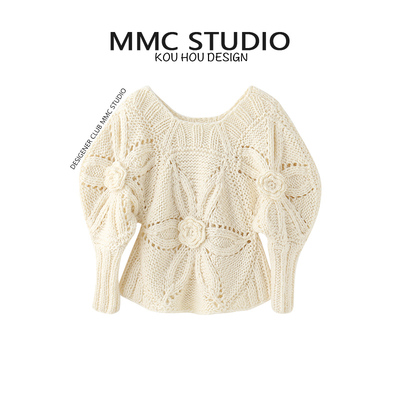 花朵手工钩花泡泡袖棒针复古毛衣