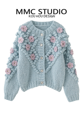 MMC 2025新品圆领加厚手工钩花毛球粗针棒针针织开衫外套上衣毛衣