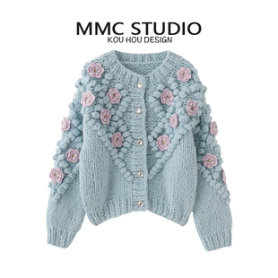 外套上衣毛衣 圆领加厚手工钩花毛球粗针棒针针织开衫 MMC 2025新品