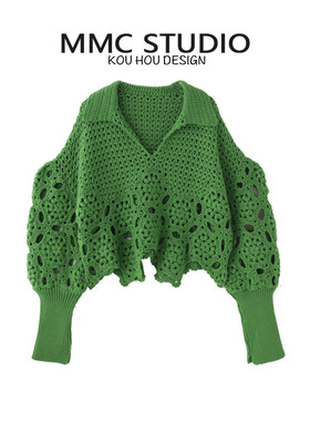 MMC 绿色上衣女镂空polo领针织衫别致甜辣很仙的外套洋气穿搭新款