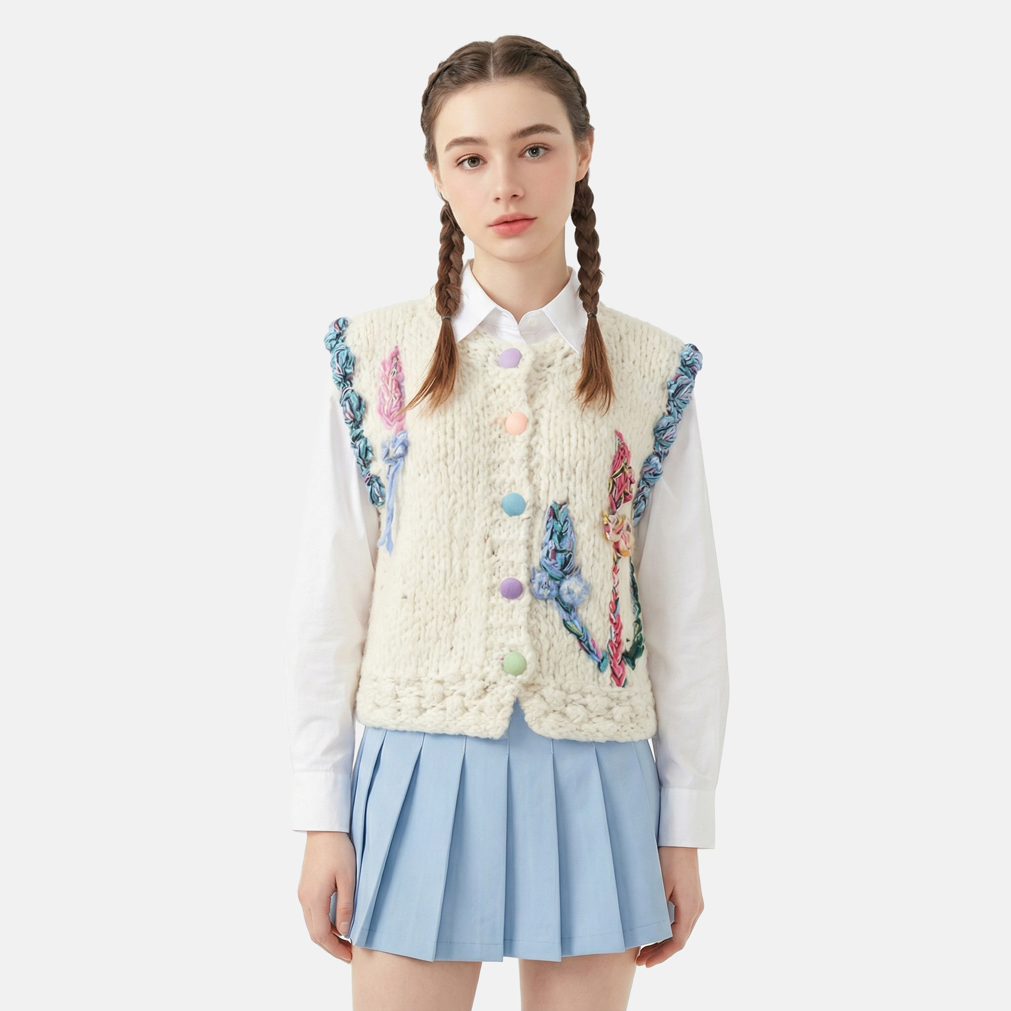 MMC重工手工编织立体花朵无袖针织开衫马甲背心上衣学院风减龄女