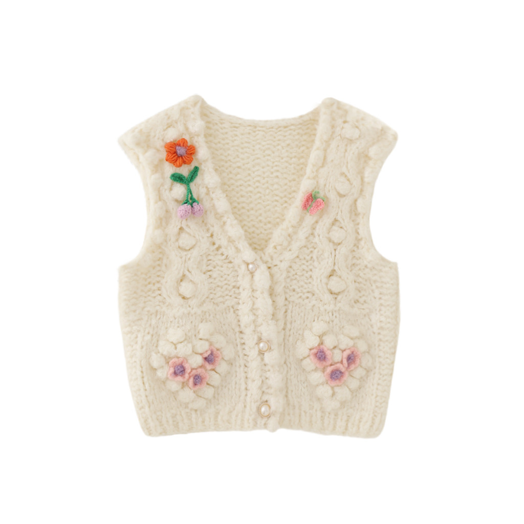 MMC法式复古手工编织立体花朵爱心球球V领无袖针织马甲背心上衣女