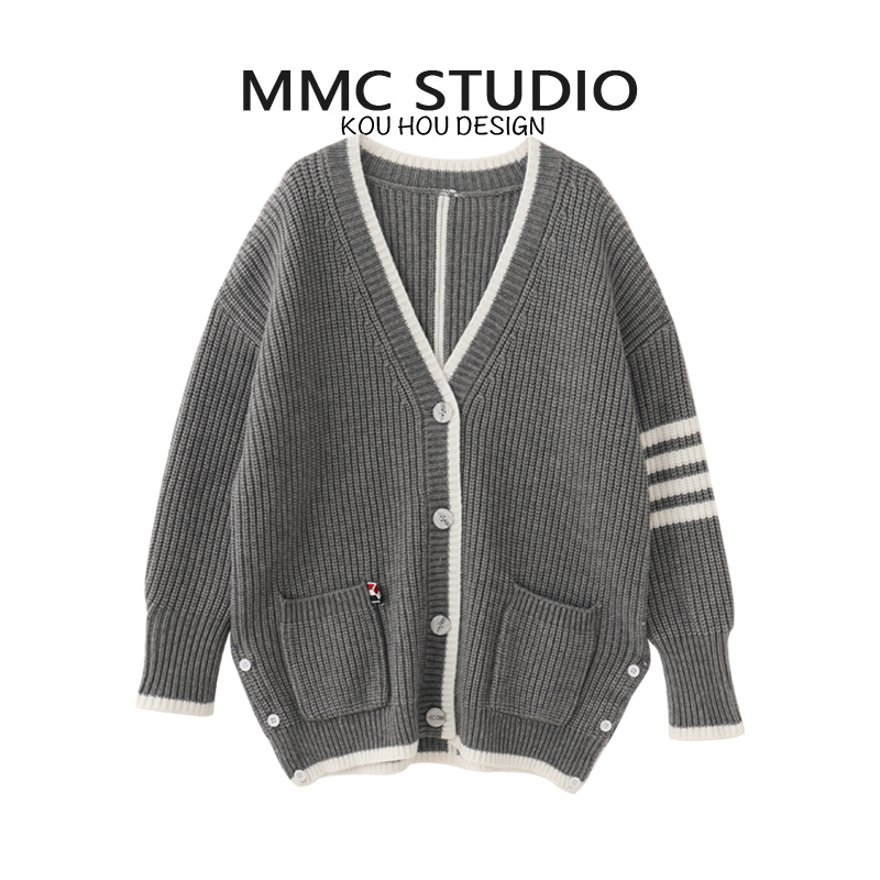 蔻后粗针单排扣V领TB四条杠开衫