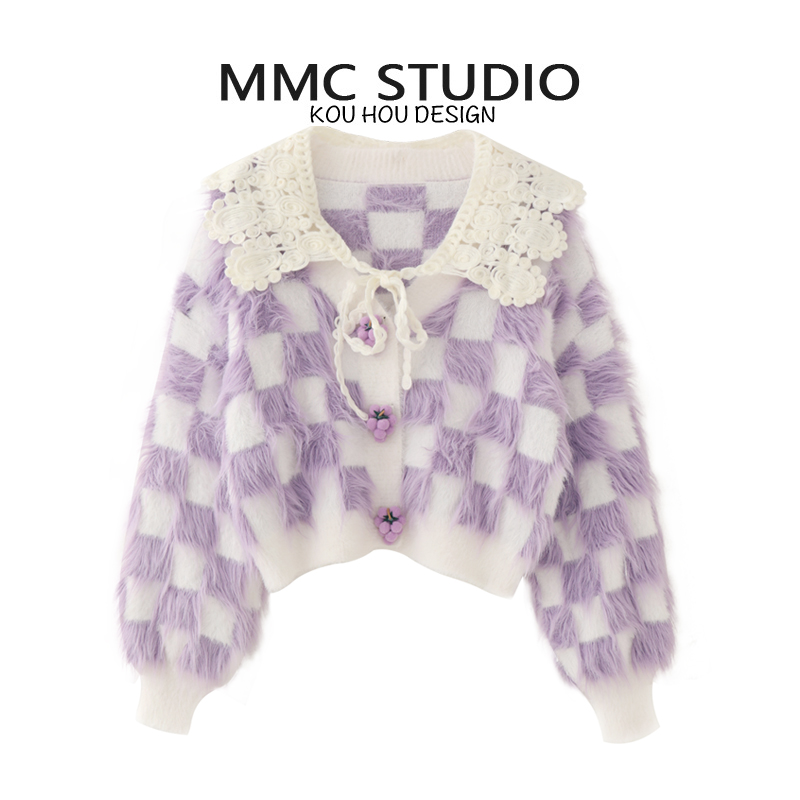 蔻后法式针织棋盘格开衫外套上衣