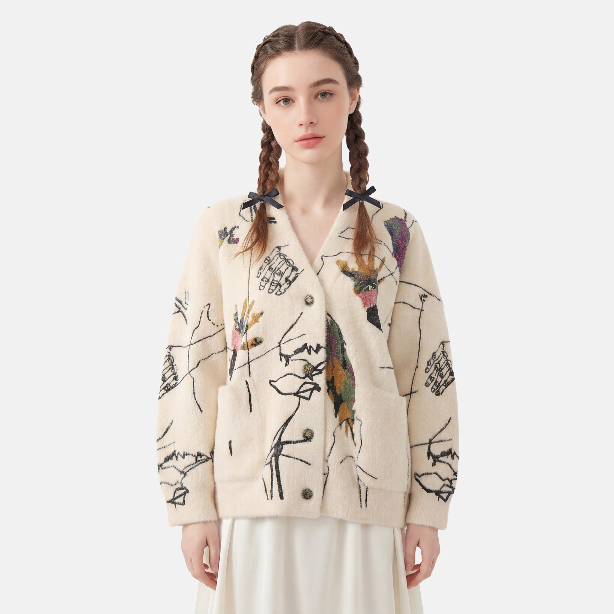 MMC设计感小众手绘插画印花针织开衫外套毛衣上衣宽松慵懒风加厚