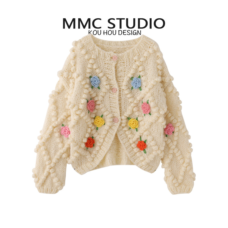 蔻后圆领宽松棒针钩花开衫毛衣