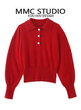 MMC 法式重工复古翻领本命年红色喜庆长袖针织衫毛衣外套上衣小众