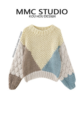 MMC 2025新款拼色加厚编织圆领套头衫女慵懒风复古减龄宽松短毛衣
