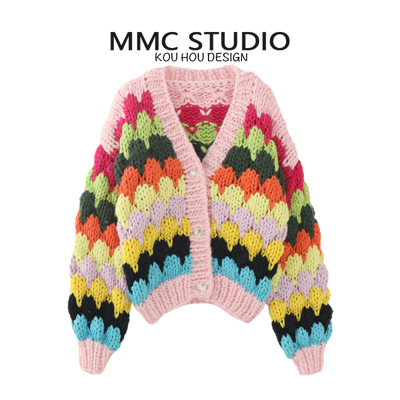 MMC 宽松慵懒风纯手工编织粗针棒针加厚撞色V领针织开衫外套毛衣
