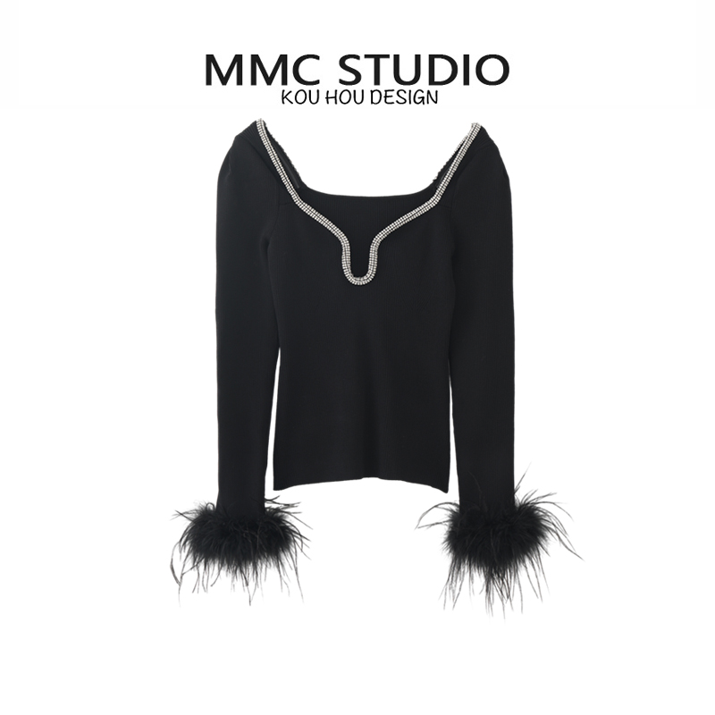 蔻后针织方领羽毛钻领毛衣