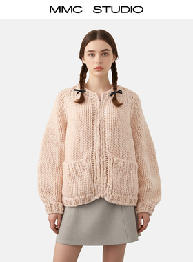 MMC宽松慵懒风粗棒针手工编织口袋拉链针织开衫外套毛衣上衣小众