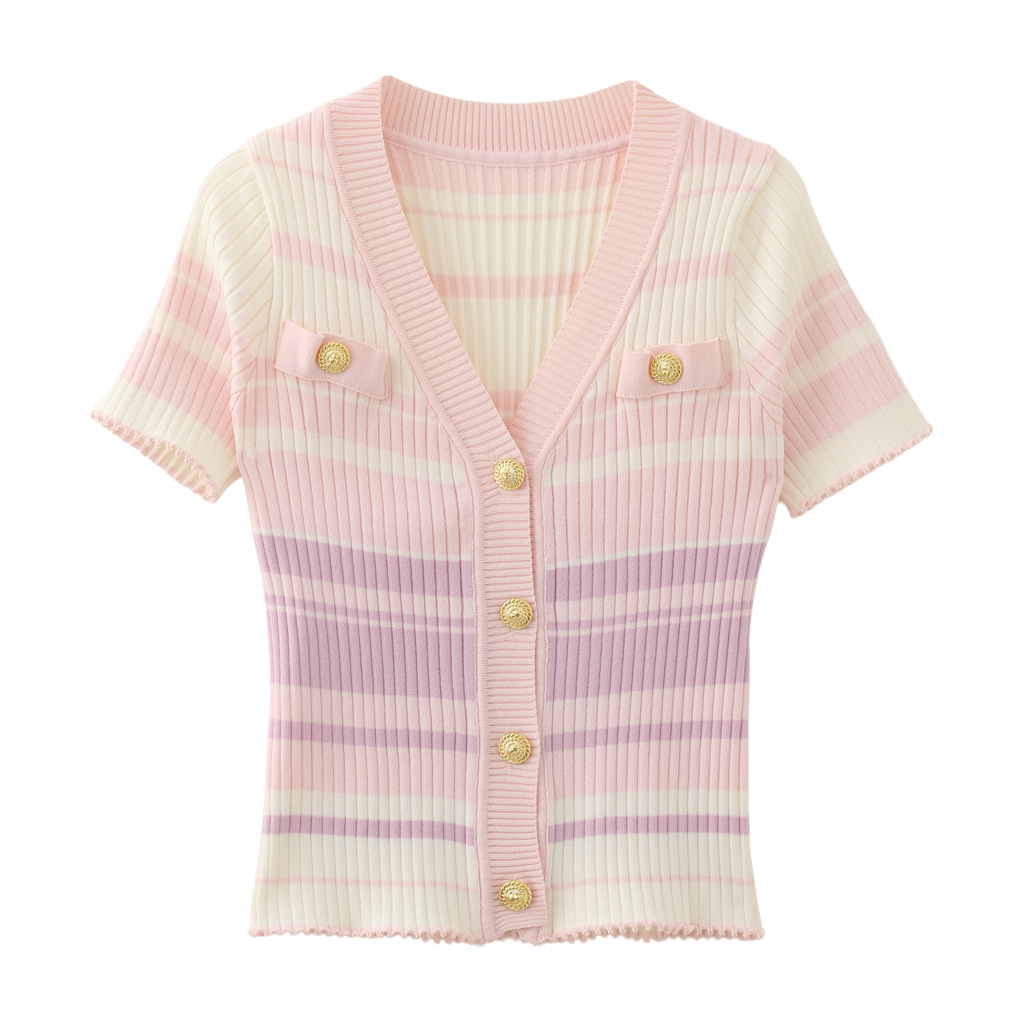 MMC欧货法式小香风拼色撞色条纹V领金扣针织短袖T恤上衣显瘦气质