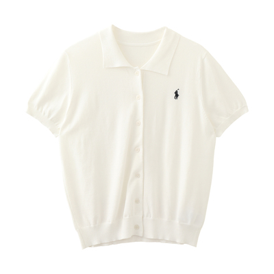 MMC极简风薄款翻领刺绣单排扣学院风针织短袖T恤上衣百搭减龄2025