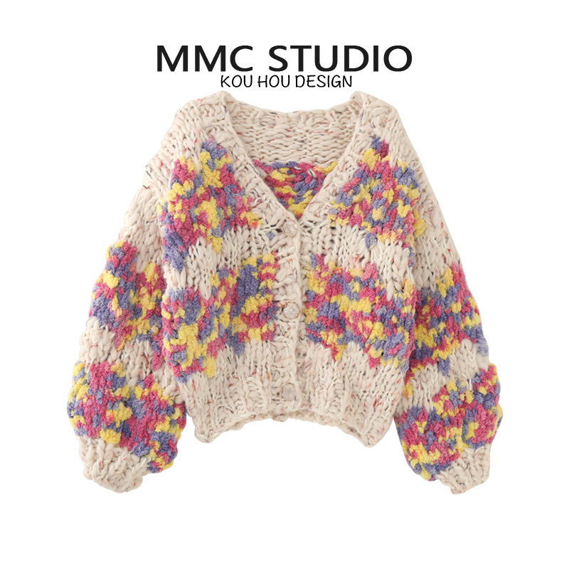 蔻后V领慵懒风针织棒针毛衣