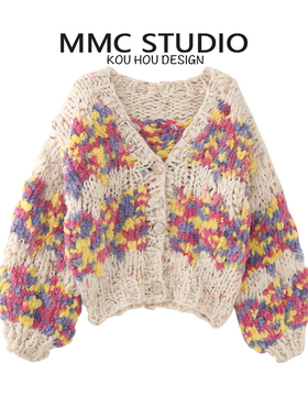 MMC 欧货法式复古重工全手工粗针棒针宽松加厚V领针织开衫外套女