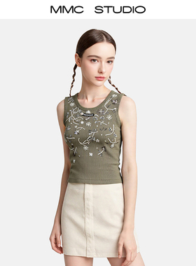 MMC苔绿色刺绣珠片针织背心女夏季短款小众法式休闲上衣修身气质