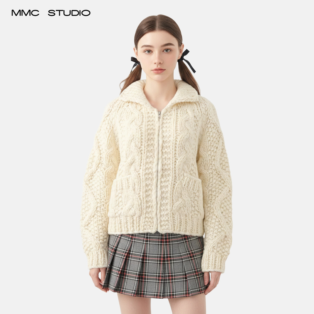 MMC宽松慵懒风重工手工编织粗针麻花翻领针织开衫外套毛衣上衣女