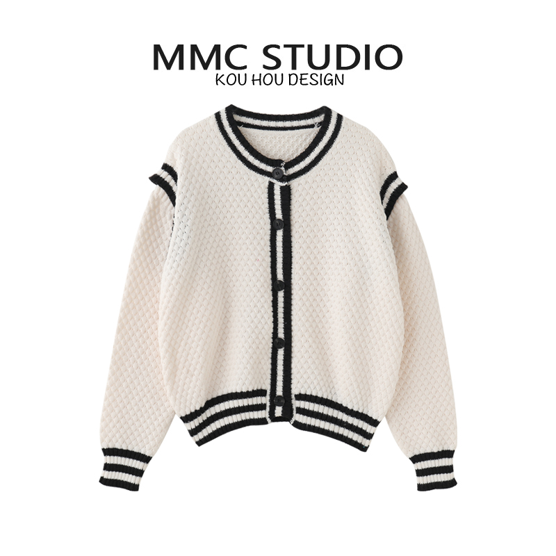 蔻后单排扣圆领开衫撞色边针织衫