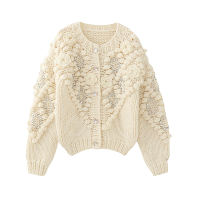 MMC 宽松慵懒风复古重工全手工圆领立体花朵亮片针织开衫外套上衣