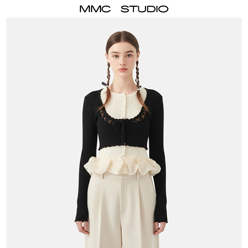 MMC日系甜美拼色撞色假两件刺绣针织开衫外套毛衣上衣长袖修身女
