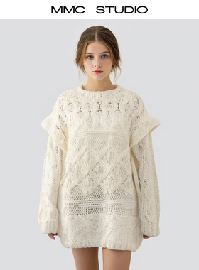 MMC 宽松加厚慵懒风重工手工编织粗棒针中长款针织衫毛衣外套上衣