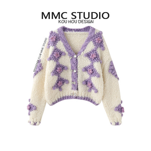 MMC 甜美风重工手工钩花球球加厚短开衫女秋冬新款小清新棒针毛衣 - 封面