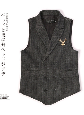 欧美绅士双排扣翻领竖条纹英伦风男士毛呢修身西装马甲男大码