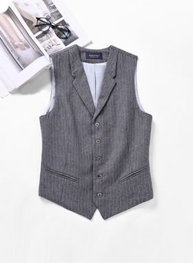 秋冬款新品灰色条纹V领男士羊毛呢西服马甲商务休闲背心坎肩