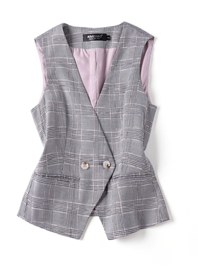 2024春秋简约时尚免烫西装马甲显瘦无袖坎肩短款马夹黑色格子女