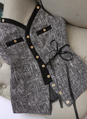 皮腰带装饰韩版新款时尚修身吊带女装秋冬粗花呢收腰瘦马甲背心