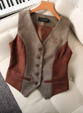 2色拼接缔造收腰显瘦帅气单品 春秋冬三季可穿人字纹女装马甲背心