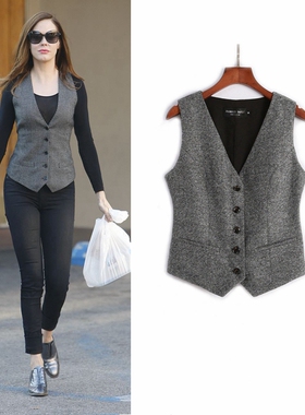 欧美范儿2025秋冬欧美百搭显瘦复古女士毛呢马甲短款大码马夹背心